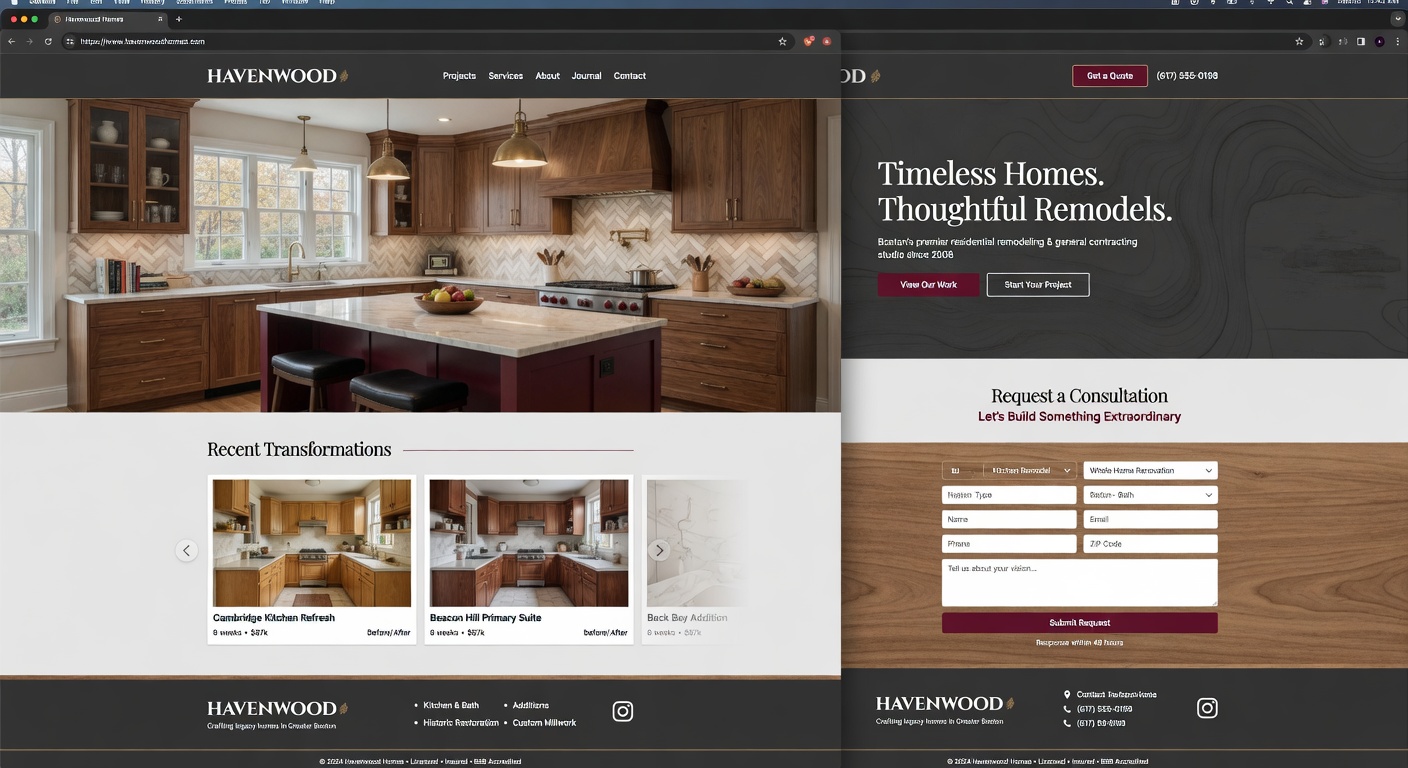 Example premium website design for a remodeling and contracting company in a modern charcoal and wood palette