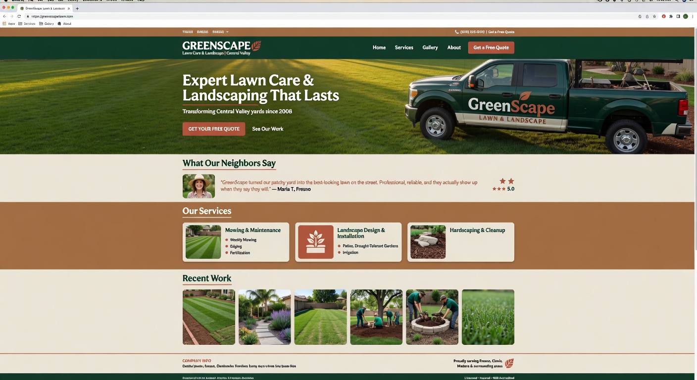 Example premium website design for a lawn care and landscaping company in a warm earthy palette