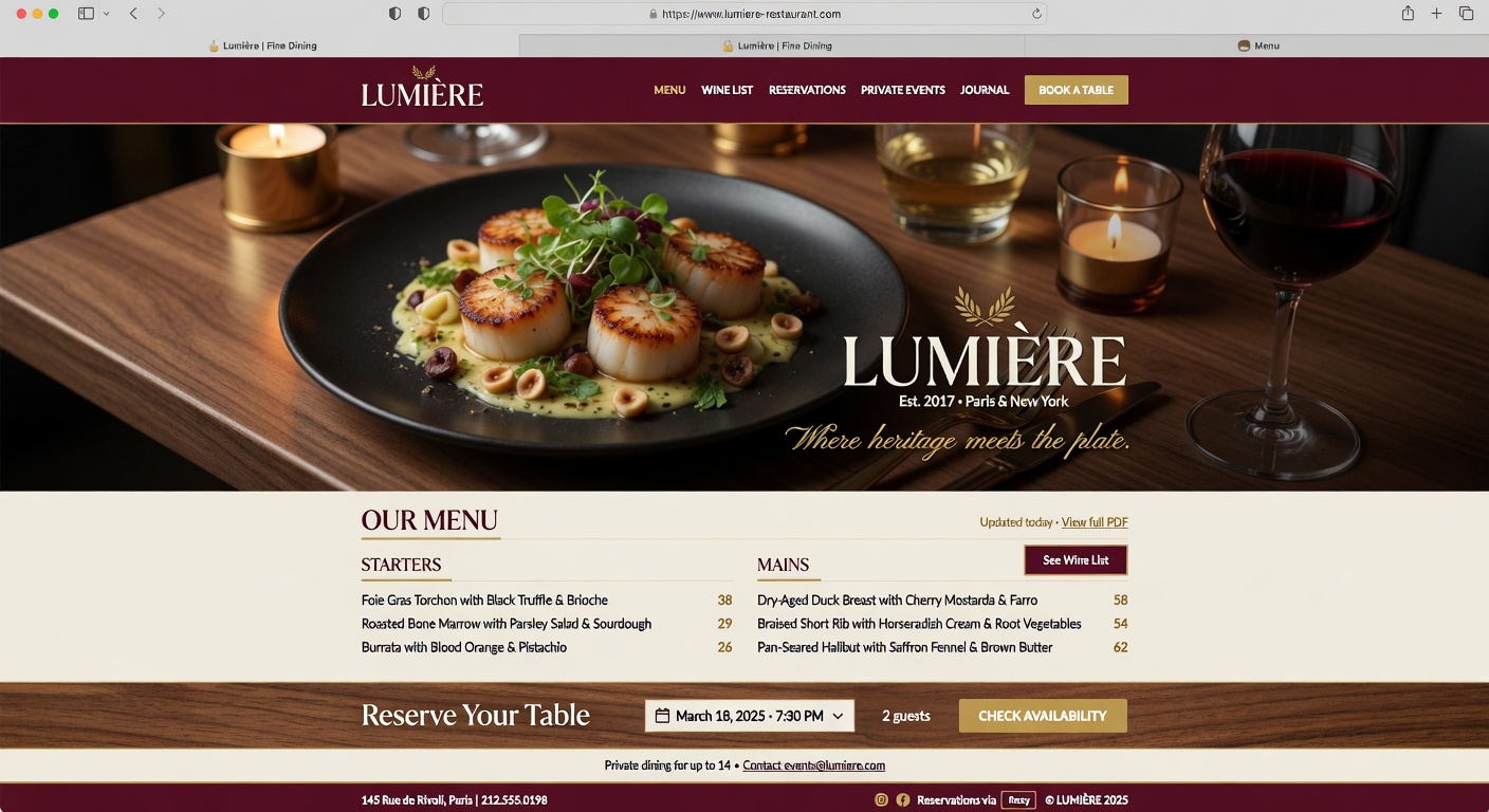 Example premium website design for a restaurant with elegant warm tones and beautiful menu presentation